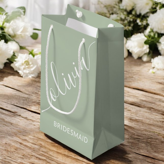 Bridesmaid  Script Sage Green Minimalist Elegant Small Gift Bag (Creator Uploaded)