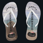 Bridesmaid Seashell Beach Wedding | Team Bride Jandals<br><div class="desc">Customised, beautiful beach wedding flip flop sandals- Background is photo of Caribbean island beach. Left sandal has closeup of conch seashell with turquoise water and sky in the background. Right thong flip flop has sandy beach with waves washing up on it and the cloudy sky above. Faux chalkboard design at...</div>