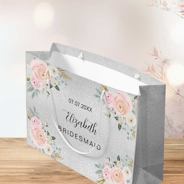 Bridesmaid silver blush pink flowers wedding large gift bag (Creator Uploaded)