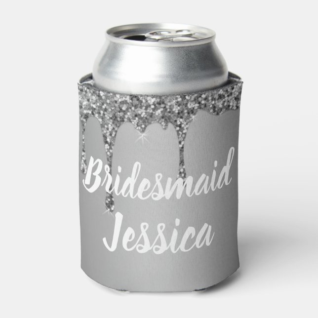 Bridesmaid Silver Drip Glitter Elegant Weddings Can Cooler (Can Front)