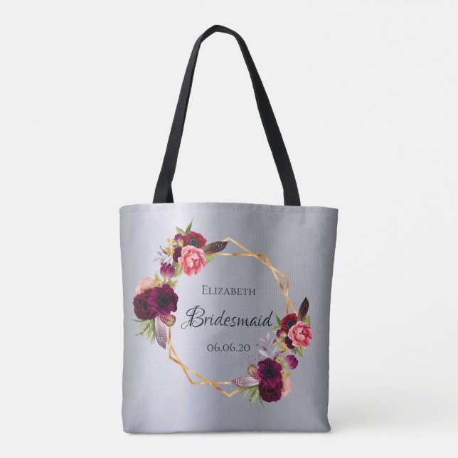 Bridesmaid silver florals burgundy tote bag (Back)