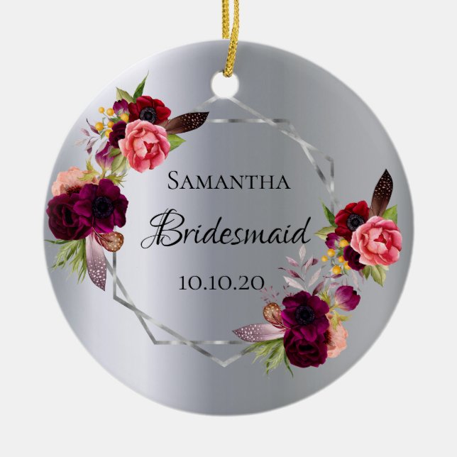 Bridesmaid silver florals burgundy wedding ceramic tree decoration (Front)