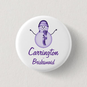 "Bridesmaid" - Snowman w/ Purple Hat & Scarf 3 Cm Round Badge