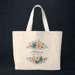Bridesmaid Spring Floral Personalised Wedding Large Tote Bag<br><div class="desc">This modern design features a spring floral in pretty coral,  yellow,  teal and navy blue with your personalised name with "Bridesmaid" below in navy blue typography. Personalise by editing the text in the text box provided.</div>