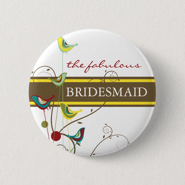BRIDESMAID Summer Birds And Swirls Wedding Button (Front)