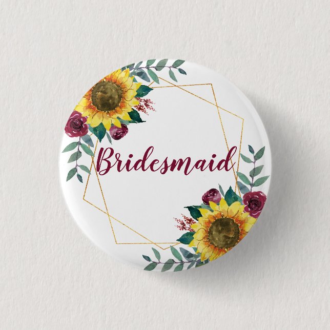 Bridesmaid Sunflower Geometric Burgundy 3 Cm Round Badge (Front)