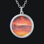 Bridesmaid Sunset Sky Orange Abstract Gift Favour  Silver Plated Necklace<br><div class="desc">Printed with abstract art of sunset sky with text template for "Bridesmaid"! This makes a beautiful gift or party favour for bridesmaids. You may change the text if you wish,  if you want to gift this to someone other than bridesmaid,  like flower girl,  mother of the bride etc.</div>