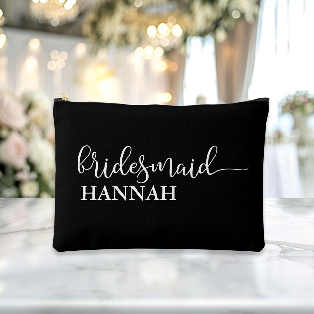 Bridesmaid - Team Bride! Gift Name  Accessory Pouch ("This Bridesmaid / Team Bride accessory and makeup bag showcases a sleek white script font with eleg)