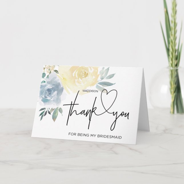 Bridesmaid Thank You Gift Bridal Party Blue Floral Card (Front)