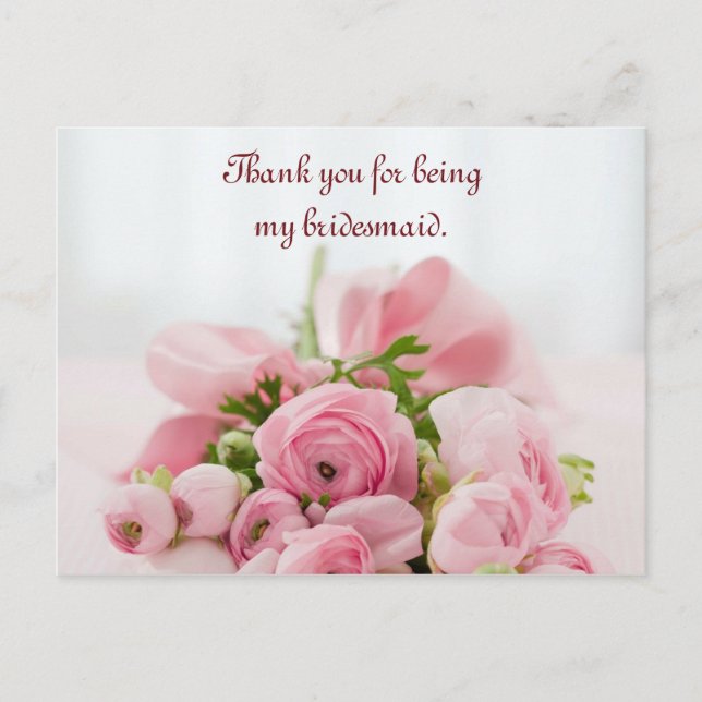 Bridesmaid Thank You Pink Roses Postcard (Front)