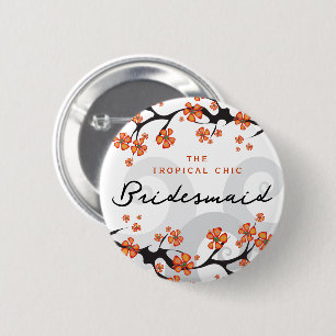 BRIDESMAID Tropical Flower Swirls Wedding Button