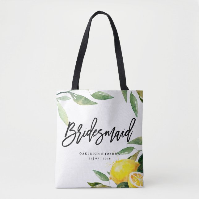 Bridesmaid Watercolor Lemon Wedding Tote Bag (Front)