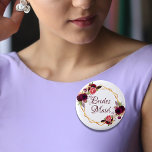 Bridesmaid watercolored florals burgundy gold 6 cm round badge<br><div class="desc">A trendy Bohemian boho style button for a bridal shower. Decorated with watercolored roses in burgundy and pink. Elegant white background. A faux gold geometric frame. With the text: BridesMaid written with a hand lettered style script. Burgundy coloured letters. Great as a keepsake for the Bridesmaid, as a favour, or...</div>