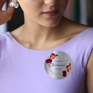 Bridesmaid watercolored florals burgundy silver 3 cm round badge