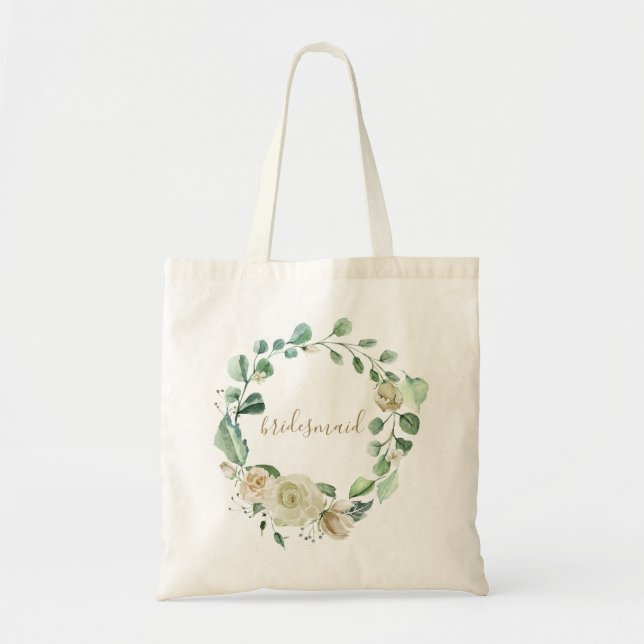 Bridesmaid Wedding Beige Rose Watercolor Script Tote Bag (Front)