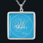 Bridesmaid Wedding Gift Elegant Monogram Script  Silver Plated Necklace<br><div class="desc">Wedding Bridesmaid Gift Elegant Monogram Personalised Name Script Chic Turquoise Blue Silver Plated Necklace. Click personalise this template to customise it with the Bridesmaid's name, and the date quickly and easily. Wedding Bridesmaid Gift Elegant Monogram Script Silver Plated Necklace, is part of the Bridesmaid Gift collection in this store. 30...</div>