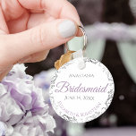 Bridesmaid Wedding Gift Lavender Purple & Grey Key Ring<br><div class="desc">These keychains are designed to give as favours to bridesmaids in your wedding party. Designed to coordinate with our Purple & Grey Elegant Wedding Suite, they feature a simple yet elegant design with a white background, lavender & Grey text, and a silver faux foil floral border. Perfect way to thank...</div>
