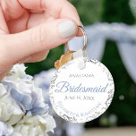 Bridesmaid Wedding Gift Light Blue & Grey Lacy Key Ring<br><div class="desc">These keychains are designed to give as favours to bridesmaids in your wedding party. Designed to coordinate with our Blue & Grey Elegant Wedding Suite, they feature a simple yet elegant design with a white background, light blue & Grey text, and a silver faux foil floral border. Perfect way to...</div>