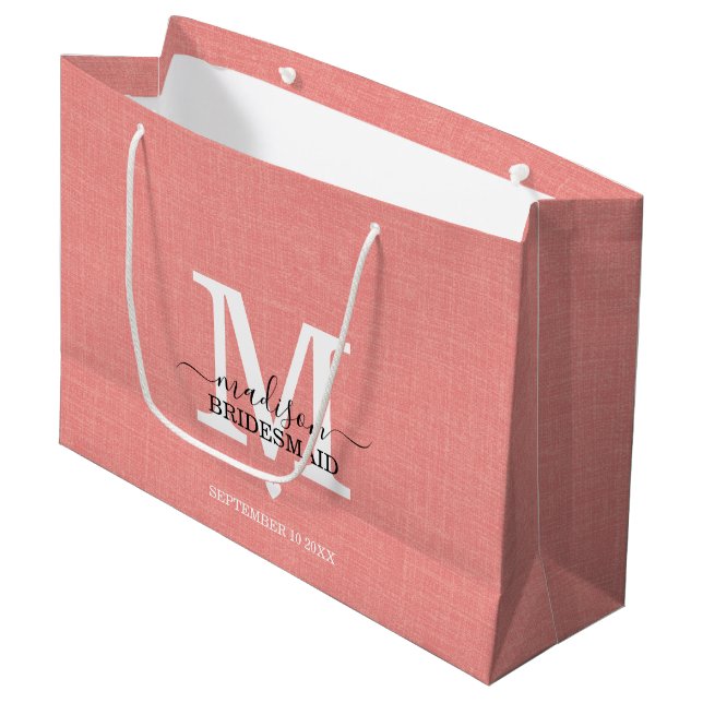 Bridesmaid Wedding Monogram Modern Pink & White Large Gift Bag (Front Angled)
