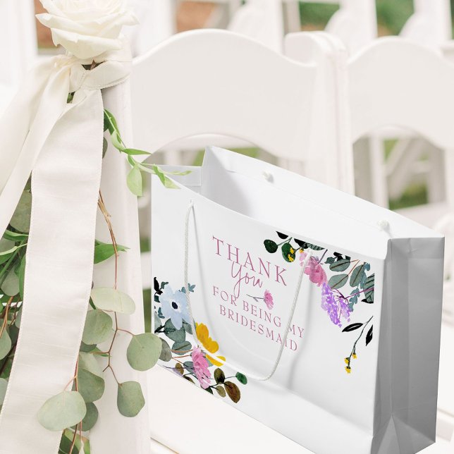 Bridesmaid Wildflower Lawn White Thank You Large Large Gift Bag (Bridesmaid Wedding Gift Bag with pretty wildflowers from my Wildflower Lawn collection)