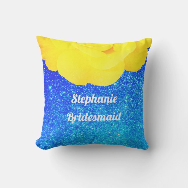 Bridesmaid Yellow Floral Blue Glitter Wedding Cushion (Front)