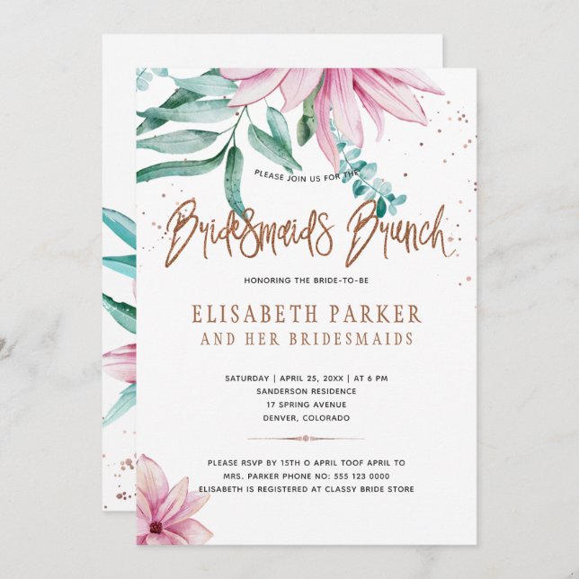 Bridesmaids brunch pink floral glam bridal shower invitation (Front/Back)
