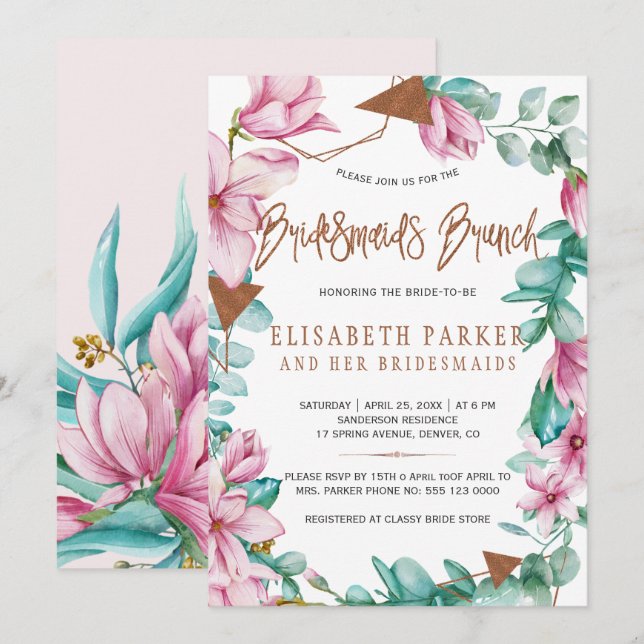 Bridesmaids brunch watercolor pink bridal shower invitation (Front/Back)