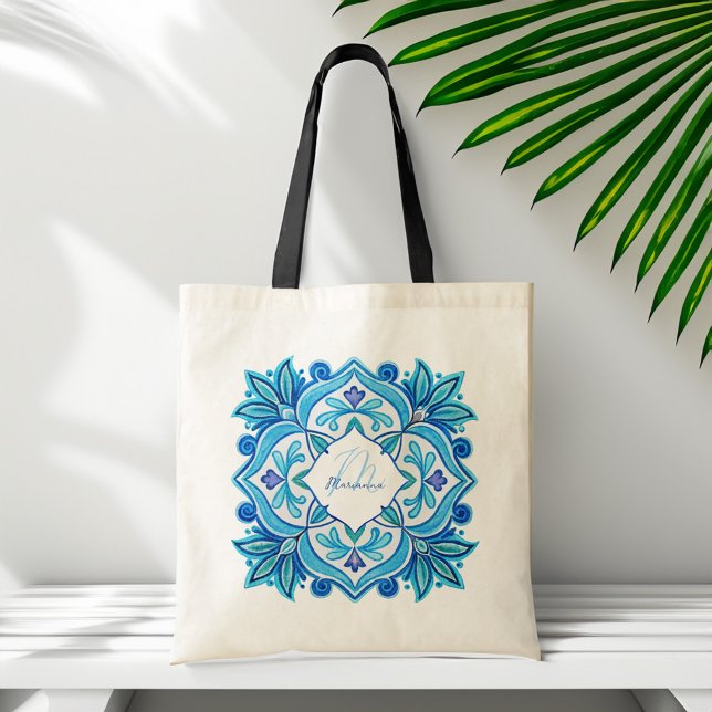 Bridesmaids gifts aqua blue talavera monogrammed tote bag (Bridesmaids gifts aqua blue talavera customized monogrammed tote bag personalized name gifts for her)