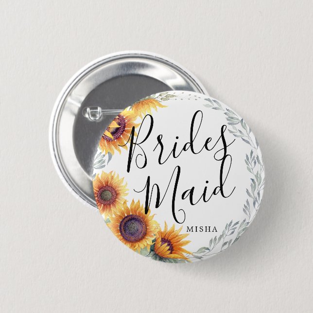 Bridesmaids Sunflower Florals Custom Name Wedding 6 Cm Round Badge (Front & Back)