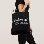 Bridesmaids Wedding Tote Bag | Fun Swirl Script<br><div class="desc">Your Bridesmaids will love this personalised tote bag! Double-sided, A fun trendy script font and swirl is positioned above two lines of custom text - add your bridesmaid's name, wedding date, location, etc. Change the background colour to match your wedding colours - just click on customise and then the small...</div>