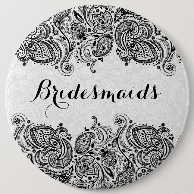 BridesMaids White & Black Paisley Lace 6 Cm Round Badge (Front)
