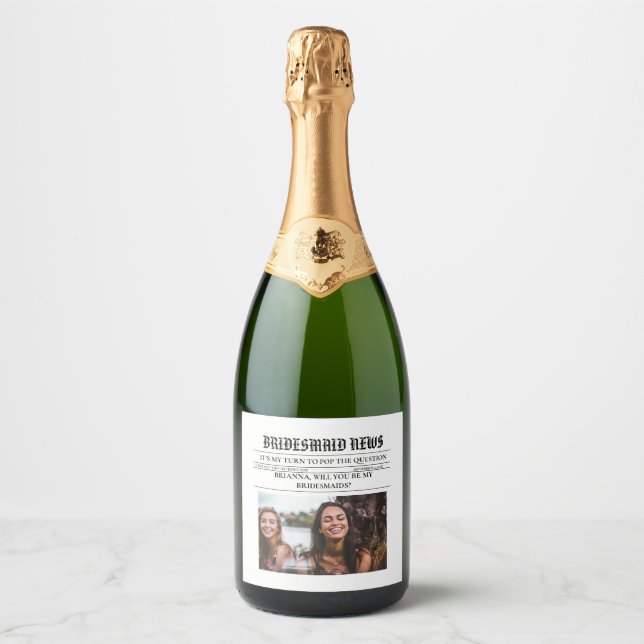 Bridesmais proposal newspaper+Bridesmaid info card Sparkling Wine Label (Front)