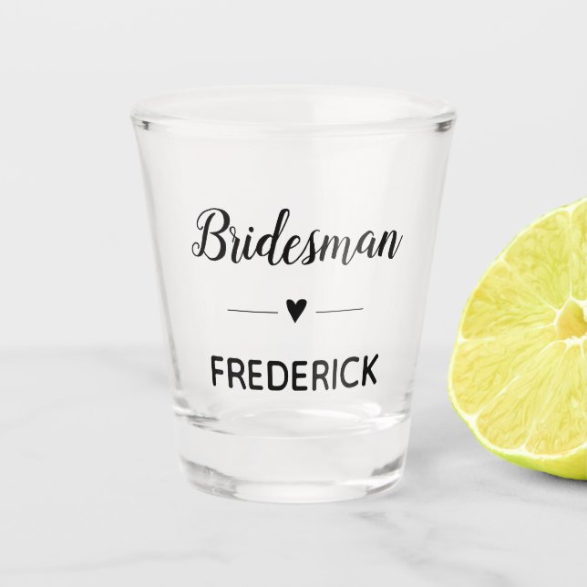 Bridesman Black Script Monogrammed Wedding Shot Glass (Front)