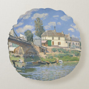 Bridge at Villeneu by Sisley Impressionist Paint Round Cushion