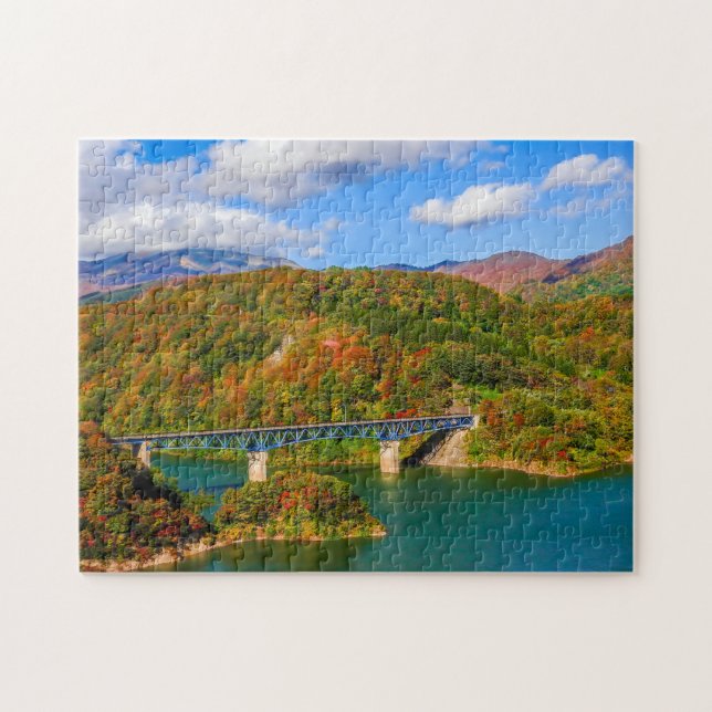 Bridge autumn colourful wood jigsaw puzzle (Horizontal)