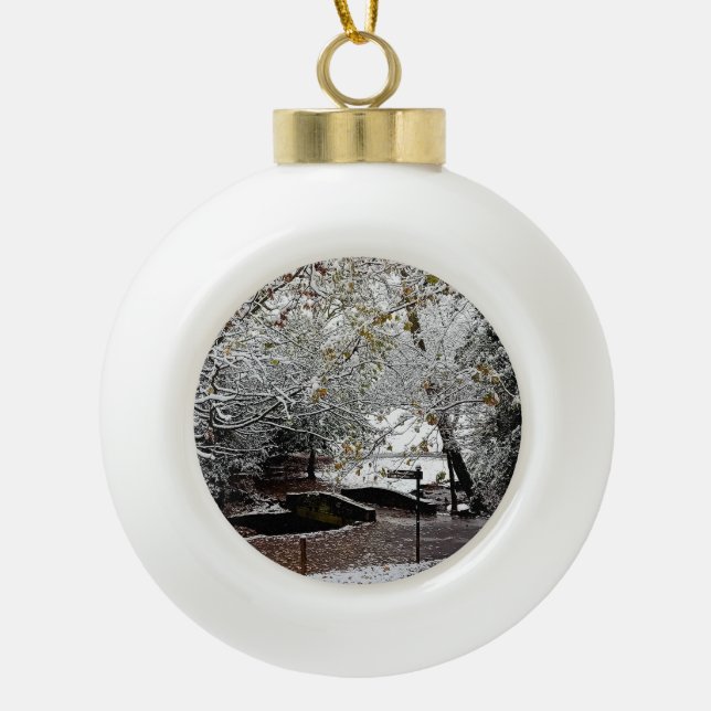 Bridge , in the snow ceramic ball christmas ornament (Front)