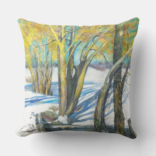 Bridge in the winter Watercolor painting Cushion (Front)