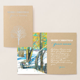 Bridge in the winter Watercolor painting Foil Card