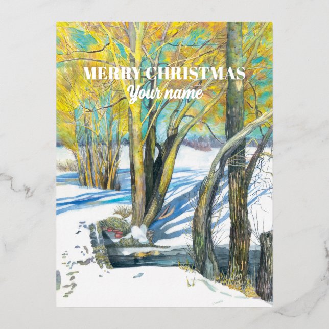Bridge in the winter  Watercolor painting   Foil Holiday Postcard (Front)