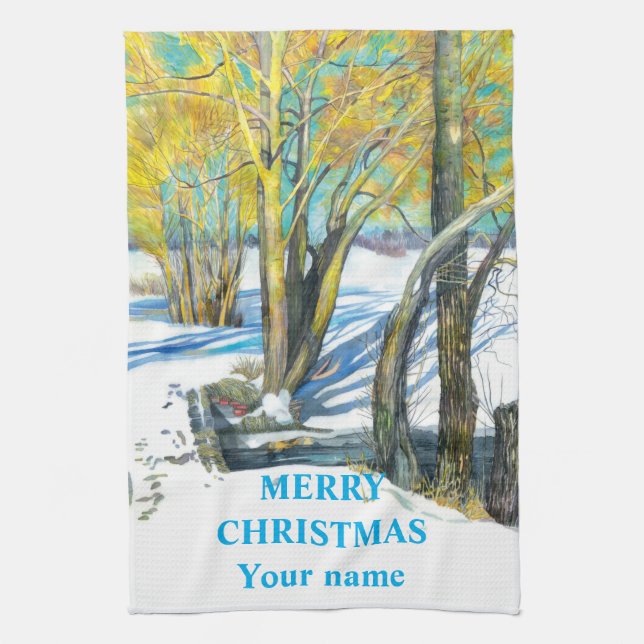 Bridge in the winter  Watercolor painting   Tea Towel (Vertical)