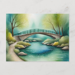 Bridge over a river watercolor painting postcard