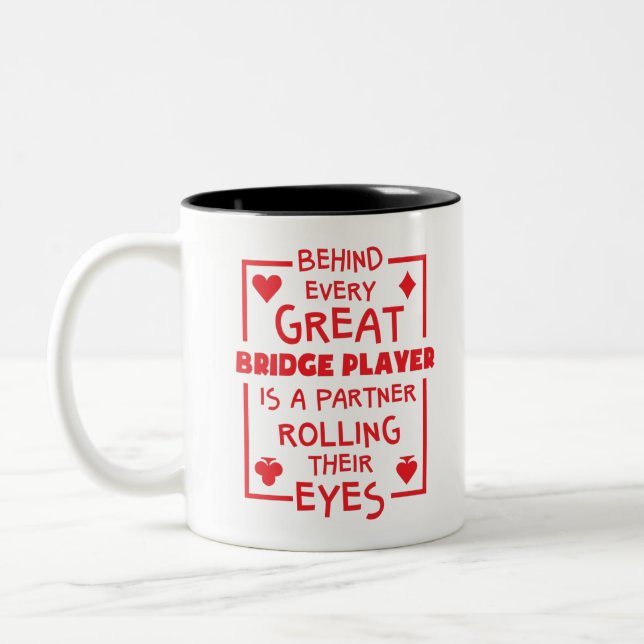 Bridge Player Partner Rolling Their Eyes Funny Two-Tone Coffee Mug (Left)