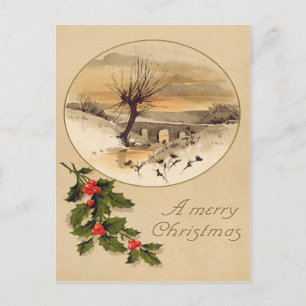 Bridge Snow Wintry Scene Holly Postcard