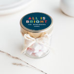 Bright 1 photo navy blue modern Christmas family  Classic Round Sticker<br><div class="desc">Bright colourful navy blue fun modern 1 photo Christmas family all is bright sticker label.</div>