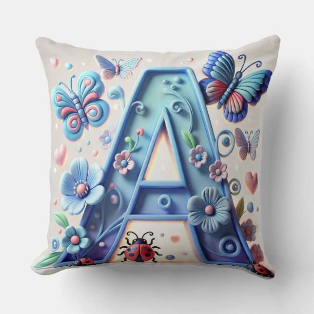 Bright 3D Letter A With Butterflies, Ladybugs Cushion (Front)