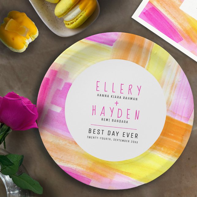 Bright abstract art pink yellow peach wedding paper plate (Creator Uploaded)