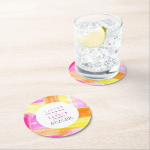 Bright abstract art pink yellow peach wedding round paper coaster