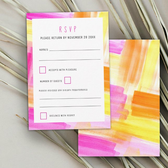 Bright abstract art pink yellow wedding RSVP card (Creator Uploaded)