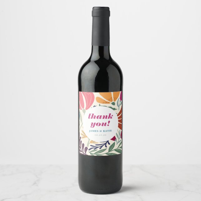 Bright Abstract Floral Wedding Retro Thank You Wine Label (Front)