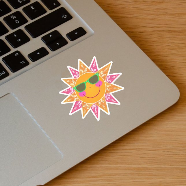 Bright Abstract Sun Pink Orange Rays Sunglasses (Smiling bright orange sun triangle rays in orange pink green sunglasses on vinyl sticker.)
